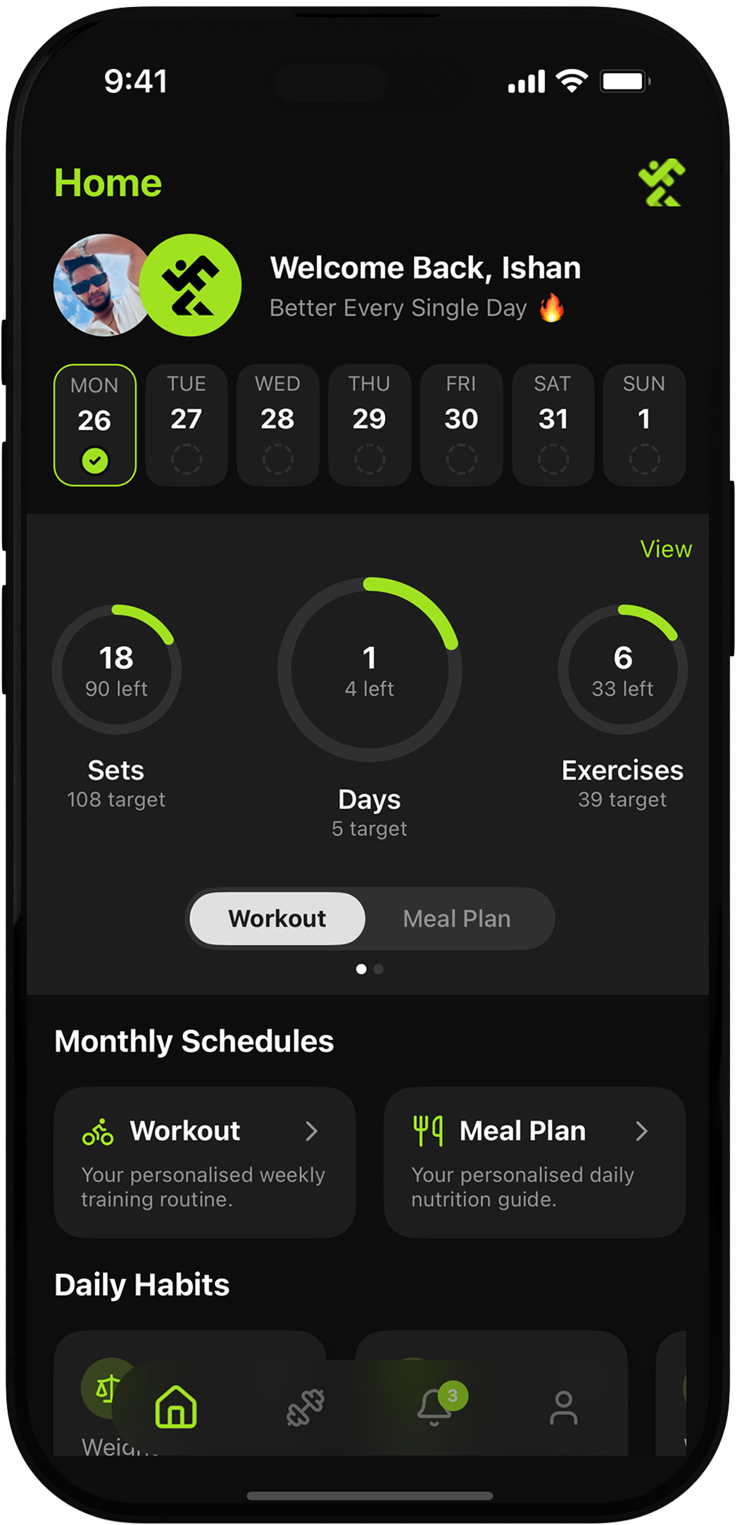Illustrative Fitness Guru home screen with a weekly calendar showing scheduled training and logged workout days