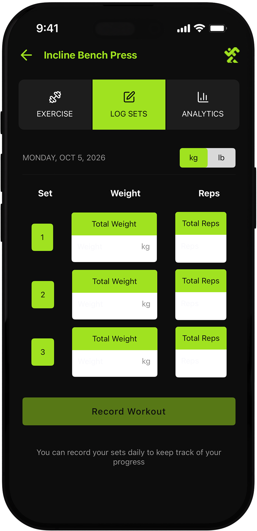 Illustrative workout log with exercise sets, repetitions, and weights