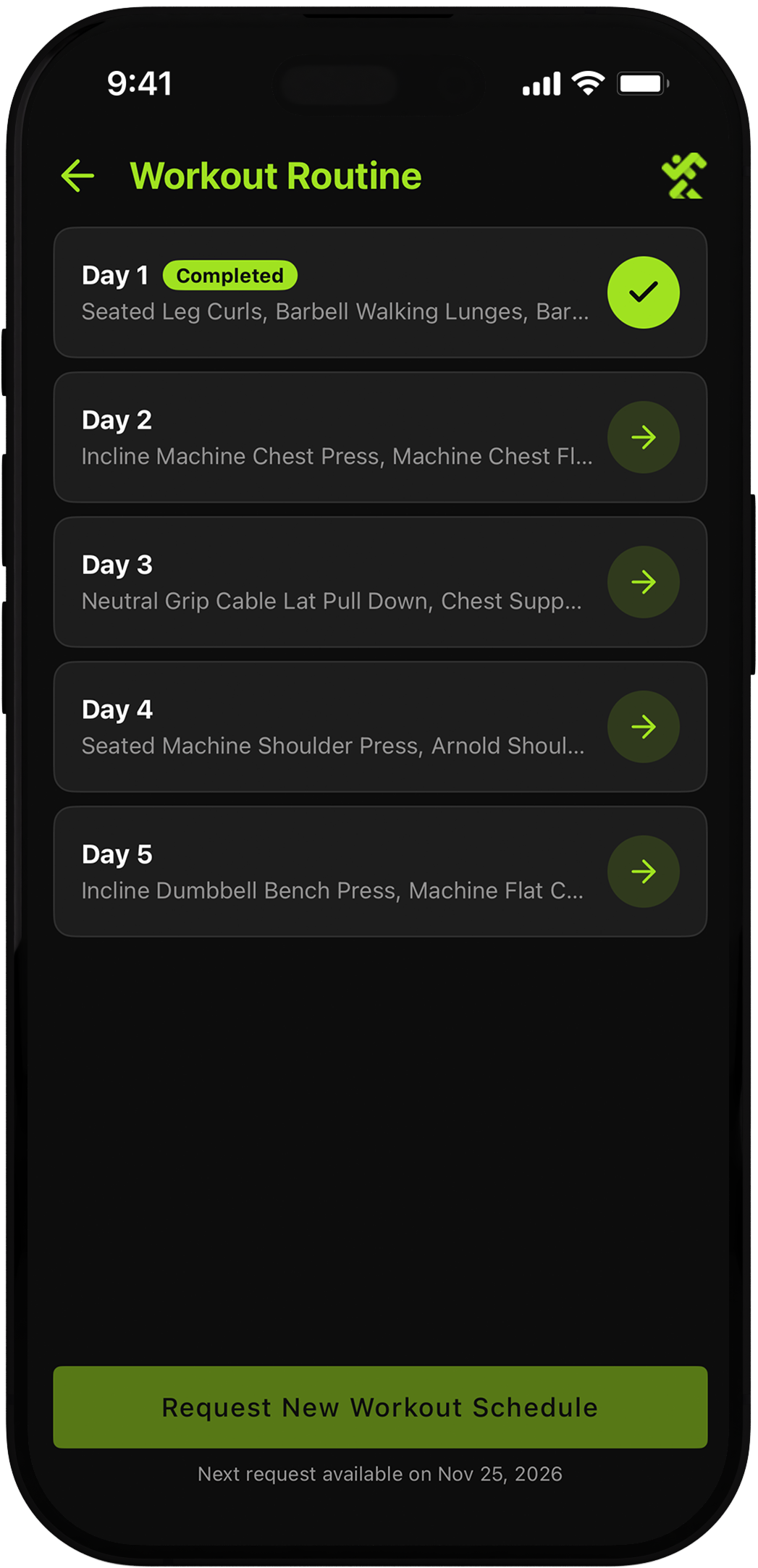 Illustrative workout schedule with training days and exercise lists